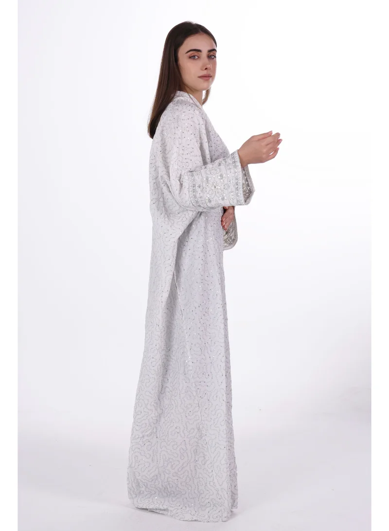 AL BENT AL SHARQIEH white Embroidered Linen Jalabiya dress with unvisible belt for Women | Best Price UAE